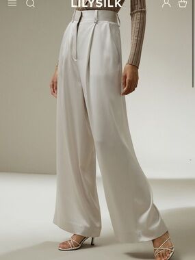 LILYSILK Silky Wide-Leg Trousers in Pale Silver